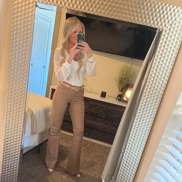 Tan Faux Leather Wax Coated Jeans Flared Leg Bell Bottom High Waist - Picture 12 of 15